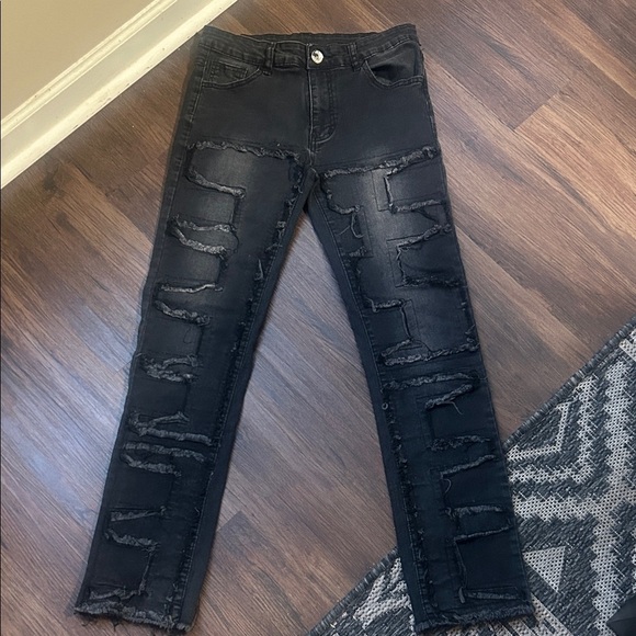 Other - Black washed out distressed straight leg raw hem jeans size 14